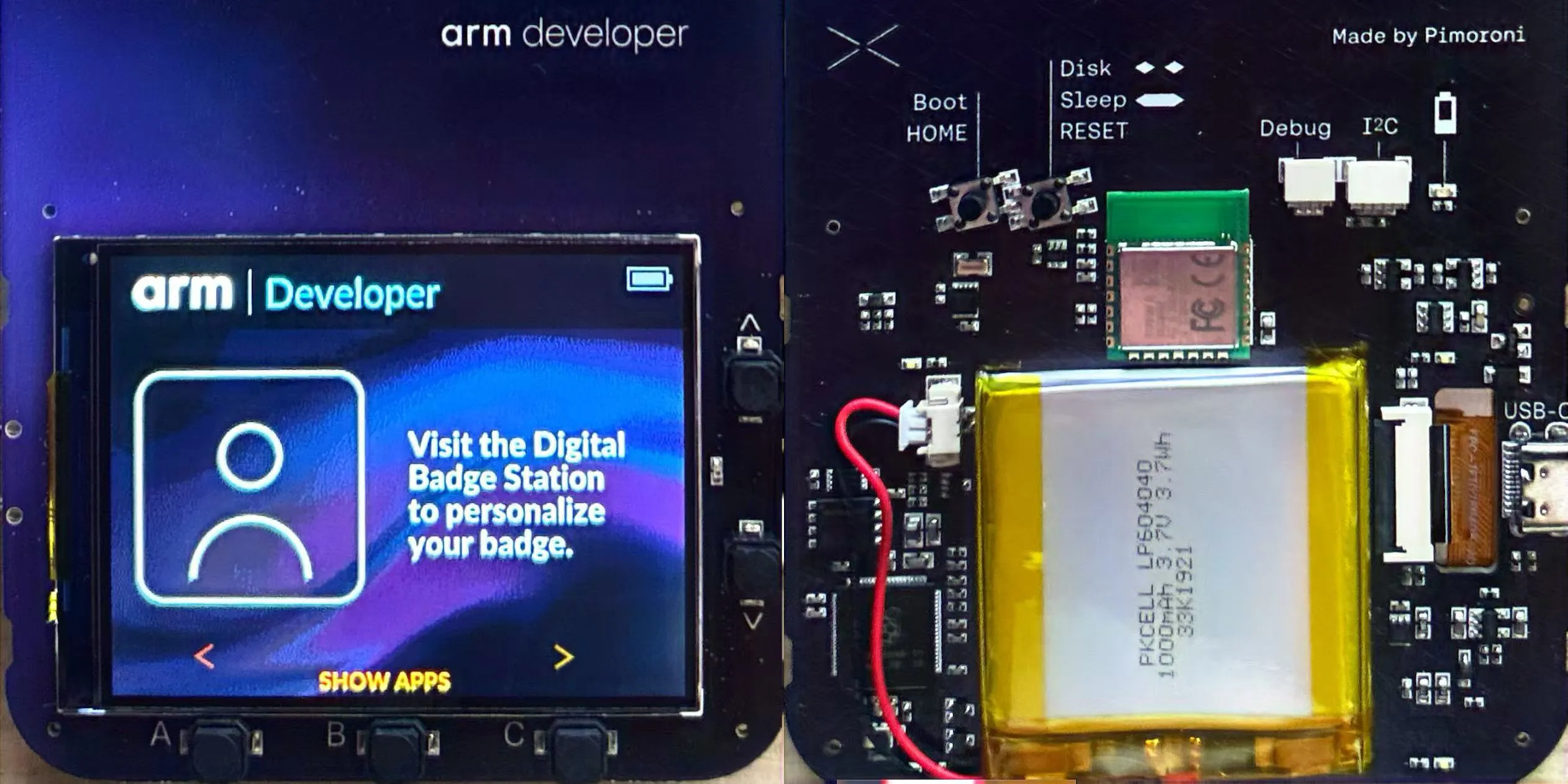 Arm Developer custom Tufty 2350, front and back
